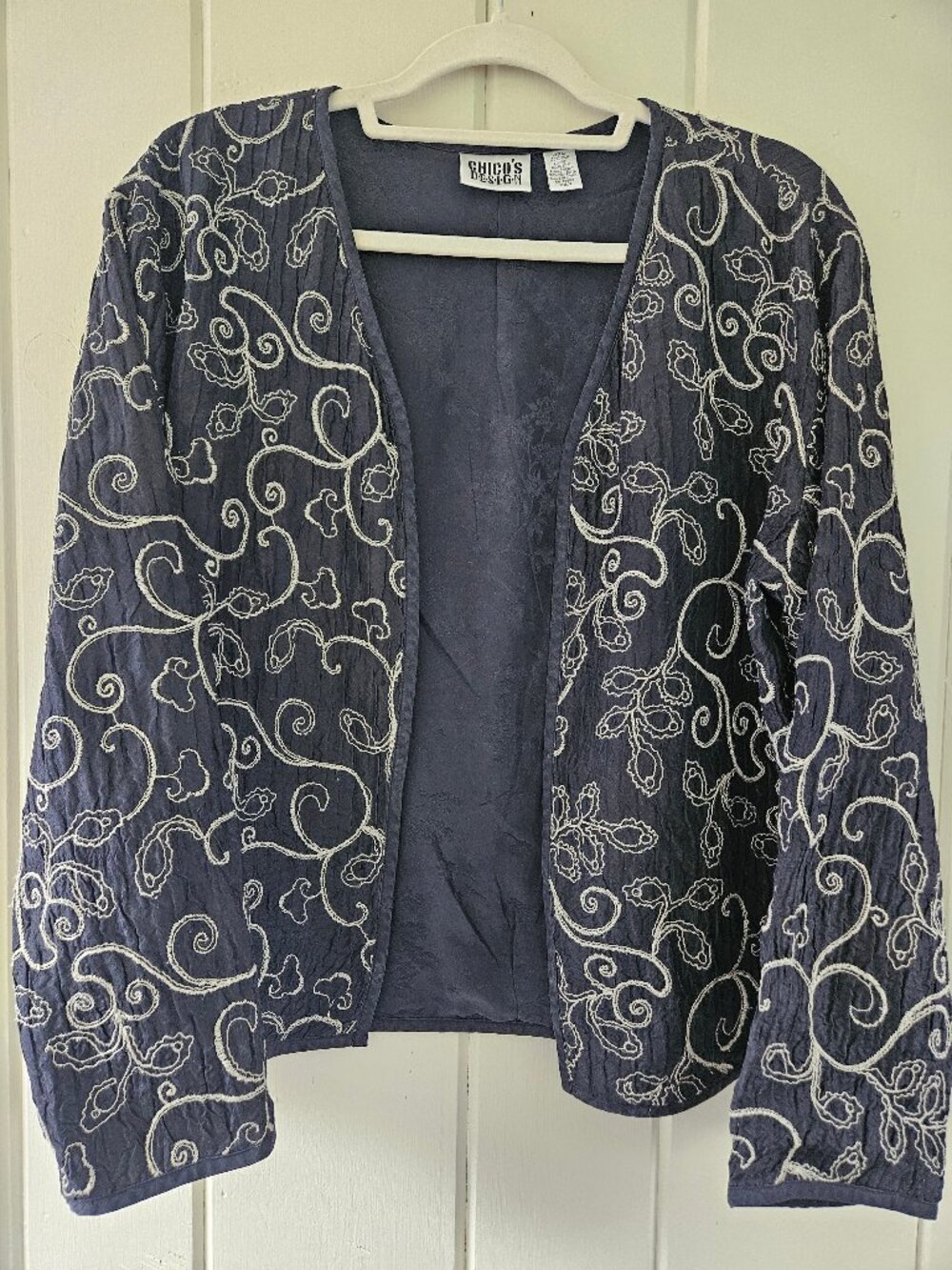 VTG Chico's Design 100% Silk Embroidered Jacket Navy Blue Ivory Size 2 Large
